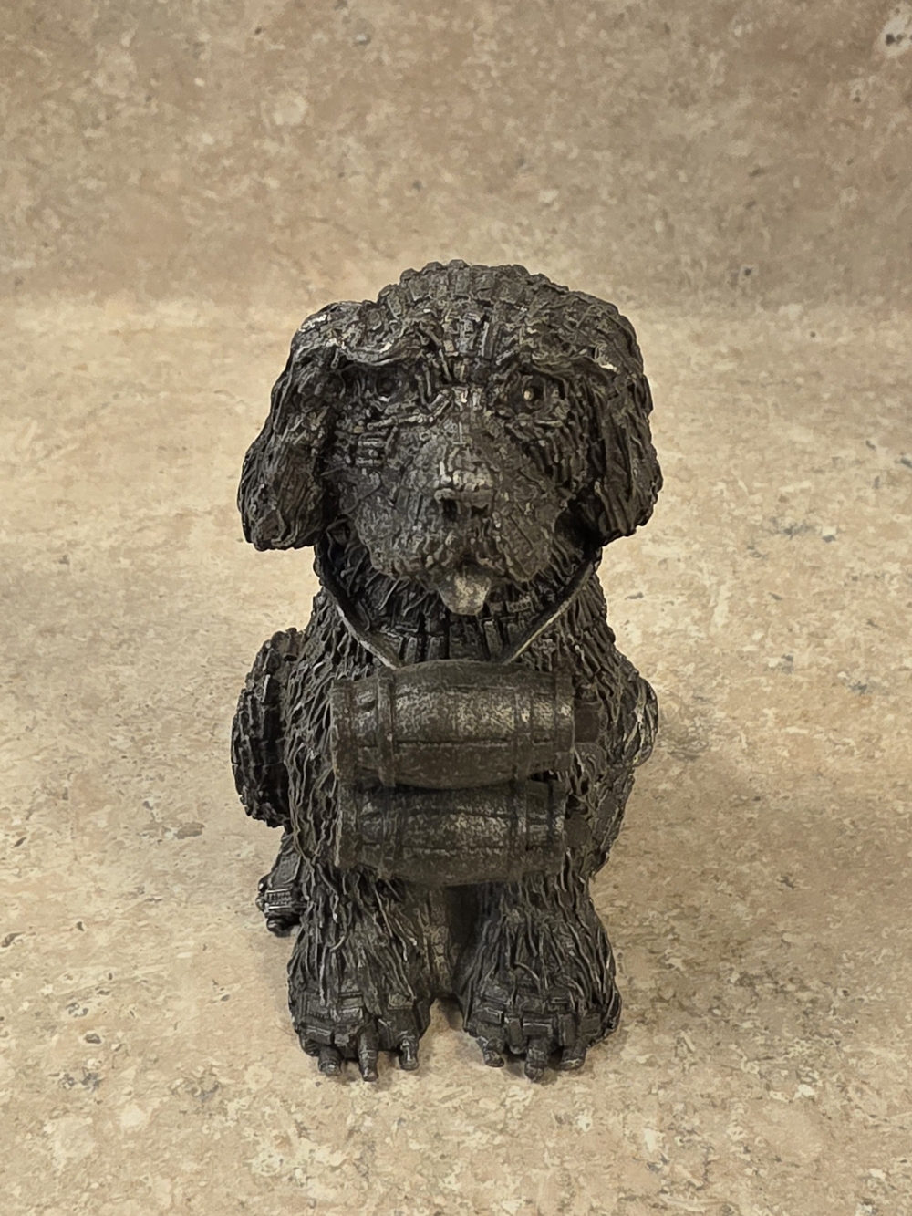 Gray Dog Figurine with Barrel - Decorative Pet Statue
